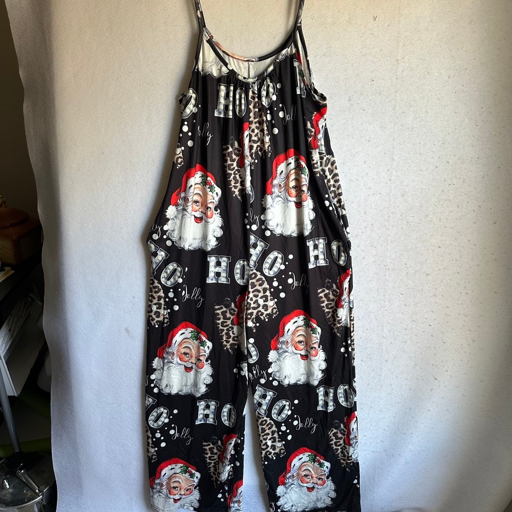 Santa Claus Ho Ho Ho Leopard Print Christmas Jumpsuit XL Black Wide Leg Pockets